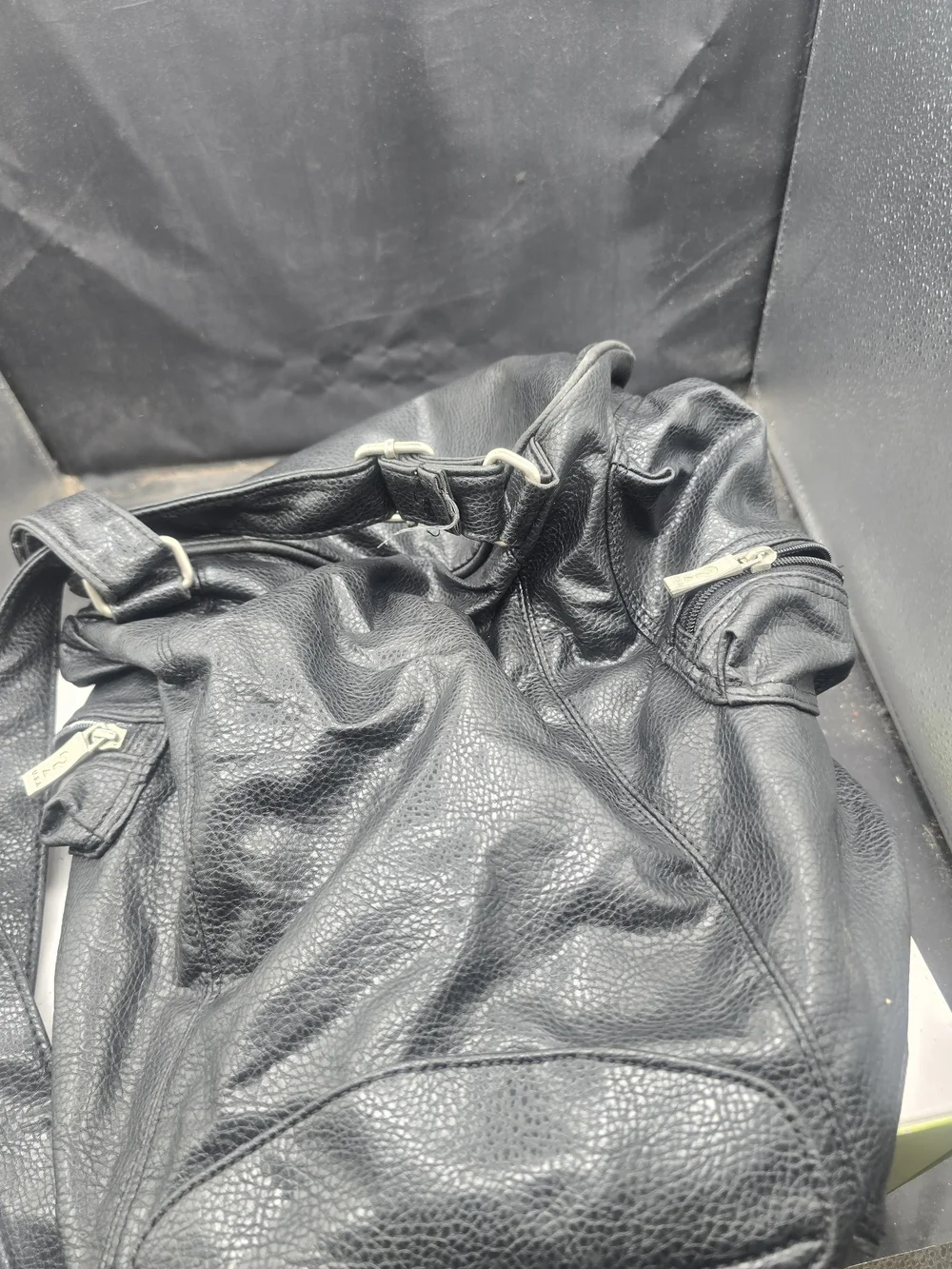 GUESS Black Leather Backpack - Textured Drawstring Rucksack